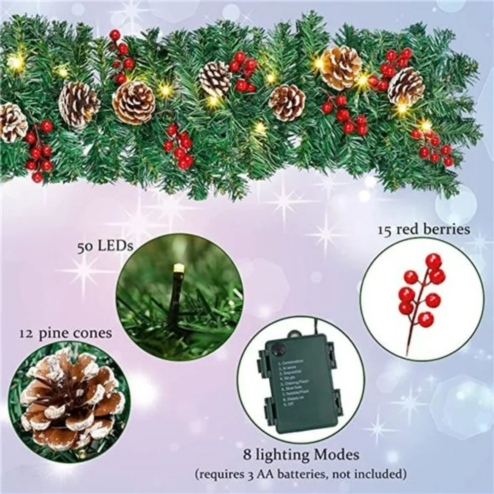 9-foot Christmas Garland with Lights, Battery Powered 8 Lighting Modes, 50 LED
